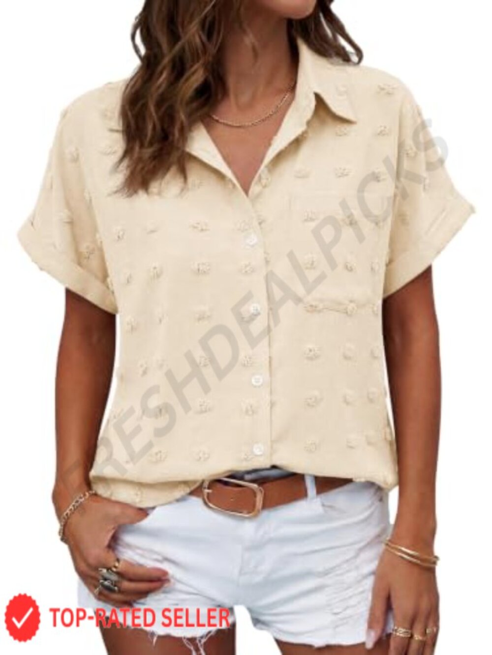 Womens Swiss Dot Short Sleeve Button Down Blouse Tunic Top
